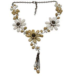 Boho Floral Necklace With Beige  White Polished Stones Chain Tassel Artisan